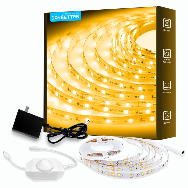 DAYBETTER Warm White LED Strip Light,16.4ft Dimmable Bright Rope Light,3000K 12V LED Light Strip,Super Bright LED Tape Lights for Bedroom,Kitchen,Mirror,Home Decoration 16.4ft