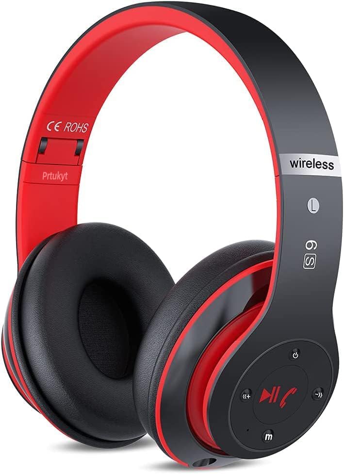 6S Bluetooth Headphones Over-Ear, Hi-Fi Stereo Foldable Wireless Stereo Headsets Earbuds with Built-in Mic, Volume Control, FM for iPhone/Samsung/iPad/PC (Black & Red) Black & Red