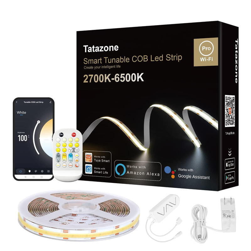 Tatazone 16.4ft Tunable White Smart COB Led Strip Light Kit, CCT 2700K-6500K Bright COB Led Tape Light Compatible with Alexa and Google, Dimmable Indoor COB Led Ribbon for Kitchen Cabinet, Room, TV
