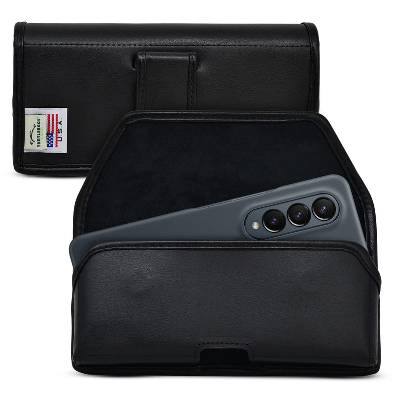 Turtleback Holster Designed for Galaxy Z Fold6 Fold 5 Fold 4 with Thin Fit Case Horizontal Belt Case Black Leather Pouch with Executive Belt Clip, Black Leather Hoz / Fix Clip Slim Fit