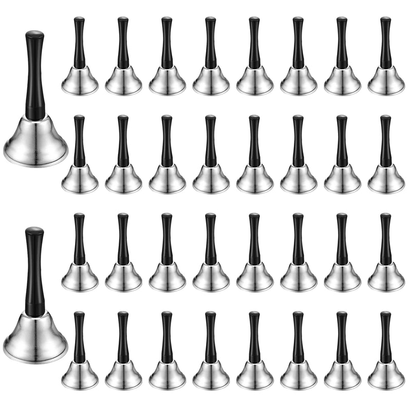 34 Pieces Metal Hand Bell Bulk for Adults,Kabcifea Silver Steel Small Hand Held Bells Dinner Call Service with Black Wooden Handle Care for School Church Adults Classroom Wedding Decorative