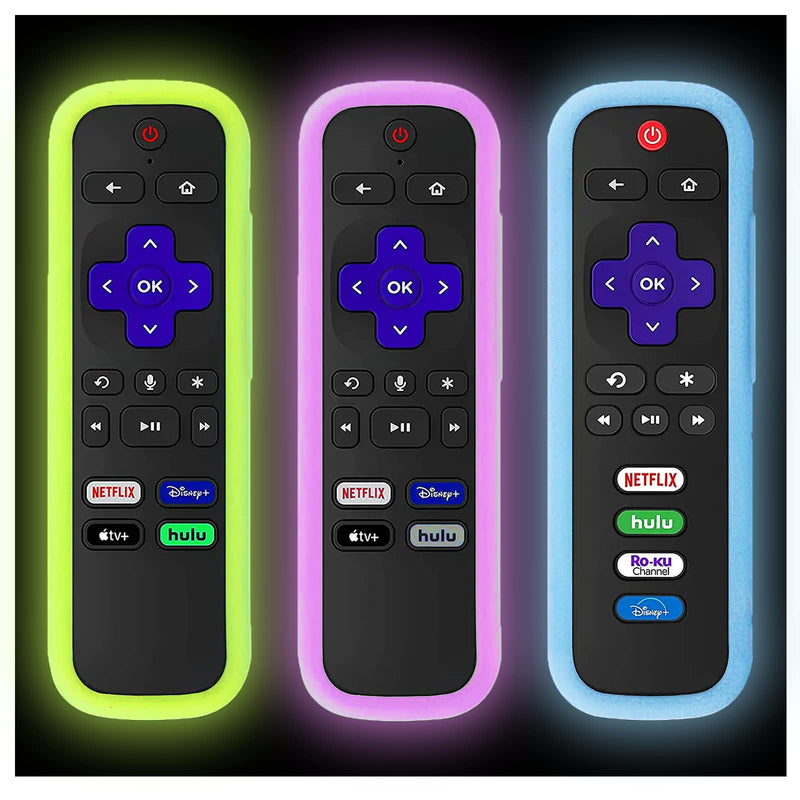 3Pack Remote Case for Roku | TCL | Hisense Roku Remote | Silicone Universal Protective Controller Sleeve for Roku Express 4K+ 2021 | Roku Streaming Stick 4K 2021 Cover with Lanyards Glow in The Dark Glow Blue&Glow Yellow&Glow Purple