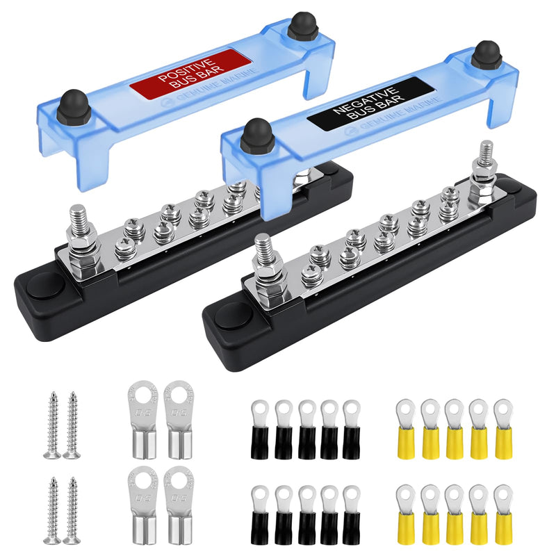 Ground Bus Bar 12V Marine 150A Battery Terminal Block Waterproof 2Pcs | Power Distribution Block with 2 x M6 Post,10 x M4 Terminal Screws Negative Buss Bar for RV 10 Screws Bus Bar