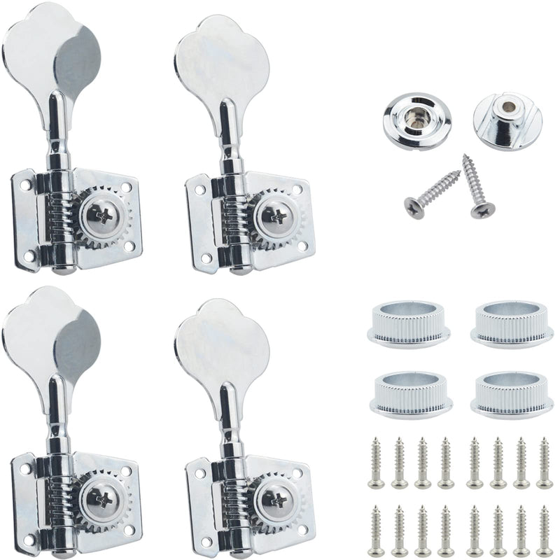 Silver 4 Right Bass Tuners - 1:24 Ratio Open Gear Tuning Key Pegs Machine Head Vintage Style Bass String Guide Tree String Retainer for Electric Jazz Guitar Bass or Precision Instruments 1 Mounting holes 1