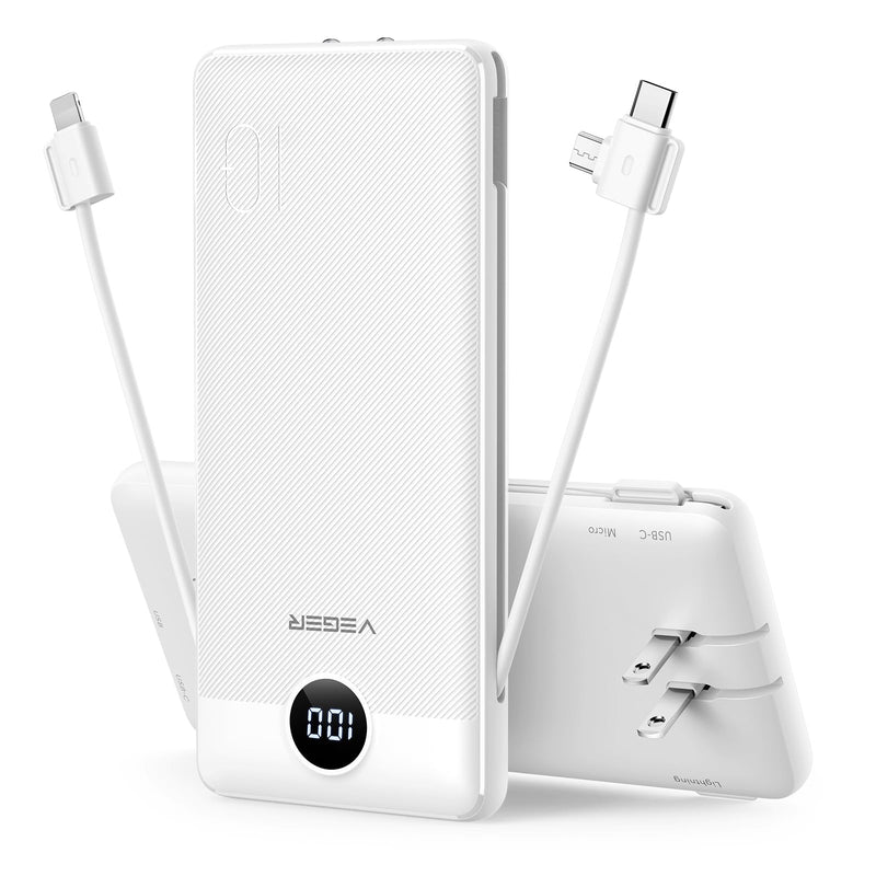 VEGER Portable Charger for iPhone Built in Cables and Wall Plug, 10000mah Slim Fast Charging USB C Power Bank, Travel Essential Battery Pack Compatible with iPhones, iPad, Samsung, and More(White) B White