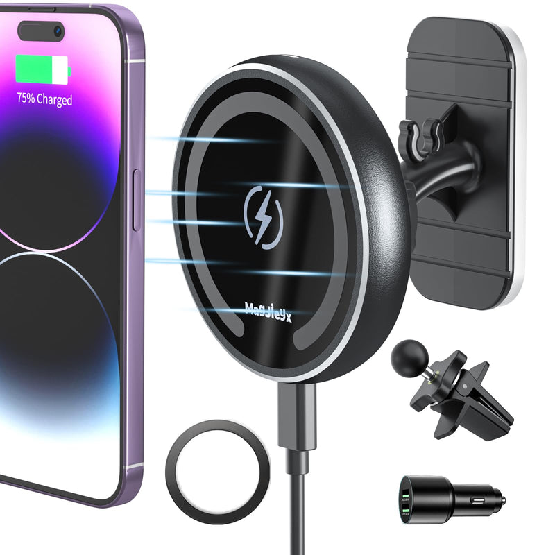 MAGJIEYX for Magsafe Car Mount Charger for Magnetic Wireless Charging for iPhone12/13/14/15/16Pro,Pro Max,Plus,Mini,Vent&Dashboard Strong Magnets Phone Holder with Fast 36W QC 3.0 Adapter(Dark Black)