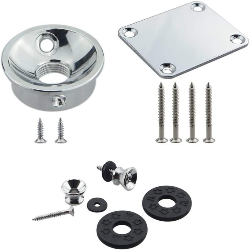 Silver Metric Thread Electric Guitar Jack plate for Fender Tele Telecaster Style Guitar,Thick Metal Guitar Neck Plate with Screws,2 PCS Guitar Strap Buttons with Strap Blocks Silver