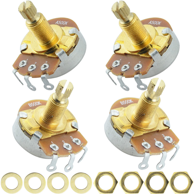 A500K B500K-OHM Guitar Potentiometer 18mm Long Split Shaft Pots Audio Volume Tone Pots Guitar Potentiometers for Electric Guitar and Bass (Set of 4)