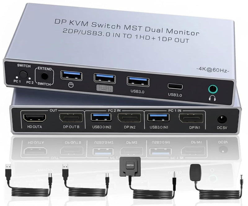 Dual Monitor Displayport KVM Switch 2 Monitors 2 Computers 4K 60Hz HDMI+DP 4 USB3.0 KVM Switcher 2DP in HDMI+DisplayPort Output KVM Switcher for 2 PC Sharing Keyboard Mouse Mic and Audio Output (Gray) Gray