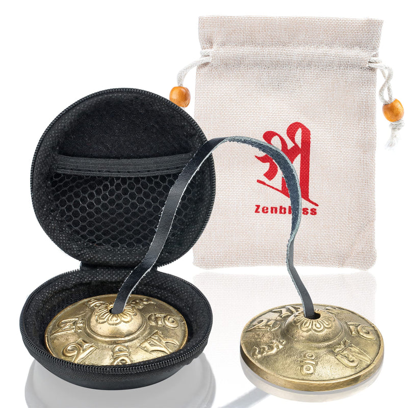 ZenBless Tibetan Tingsha Cymbals 2pcs, with Storage Box and Fabric Case, Meditation Sanskrit Brass Chime Bells for Spiritual Healing Mindfulness, Yoga Buddhist, Relaxation Musical Instruments 2.6 in(6.6cm) Sanskrit(brass)
