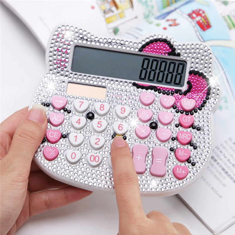 Hello Kitty Calculator, Xinyu Lighting Creative and Cute Solar Calculator, 12-Digit LCD Display, Suitable for Adults and Children, Solar and Battery Powered (White Jewel Model) White Jewel Model