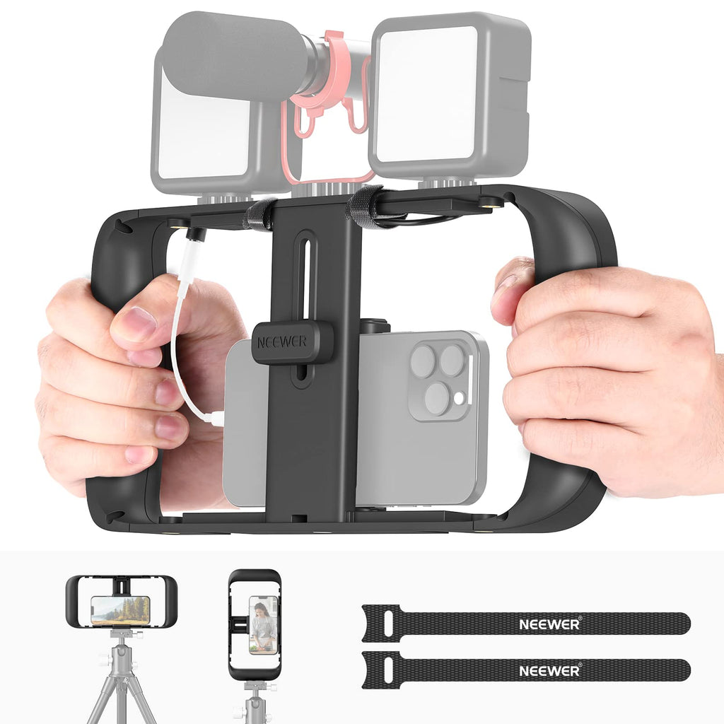 NEEWER Smartphone Video Rig, Phone Grip Stabilizer Vlogging Cage with Cold Shoe&1/4” Thread, Video Recording Filming Rig Compatible with iPhone 14 Plus/Pro Max 13 Mini/Pro Max X XS Max XR Android