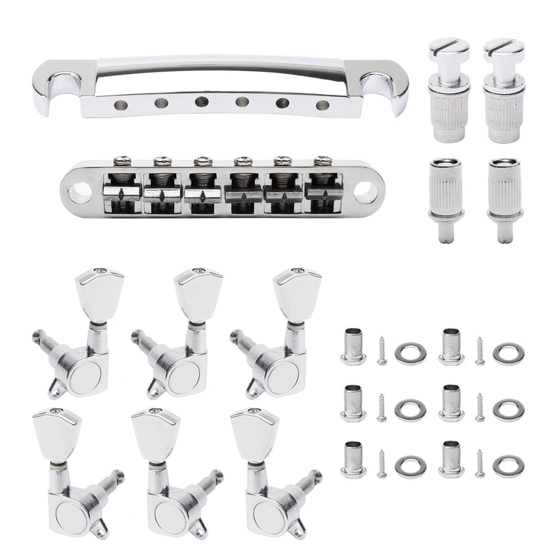 Swhmc Tune-O-Matic Bridge and Tailpiece Studs Set for LP Electric Guitar Replacement Parts, with 3L3R Guitar Locking Tuners Tuning Pegs Keys (Silver) silver