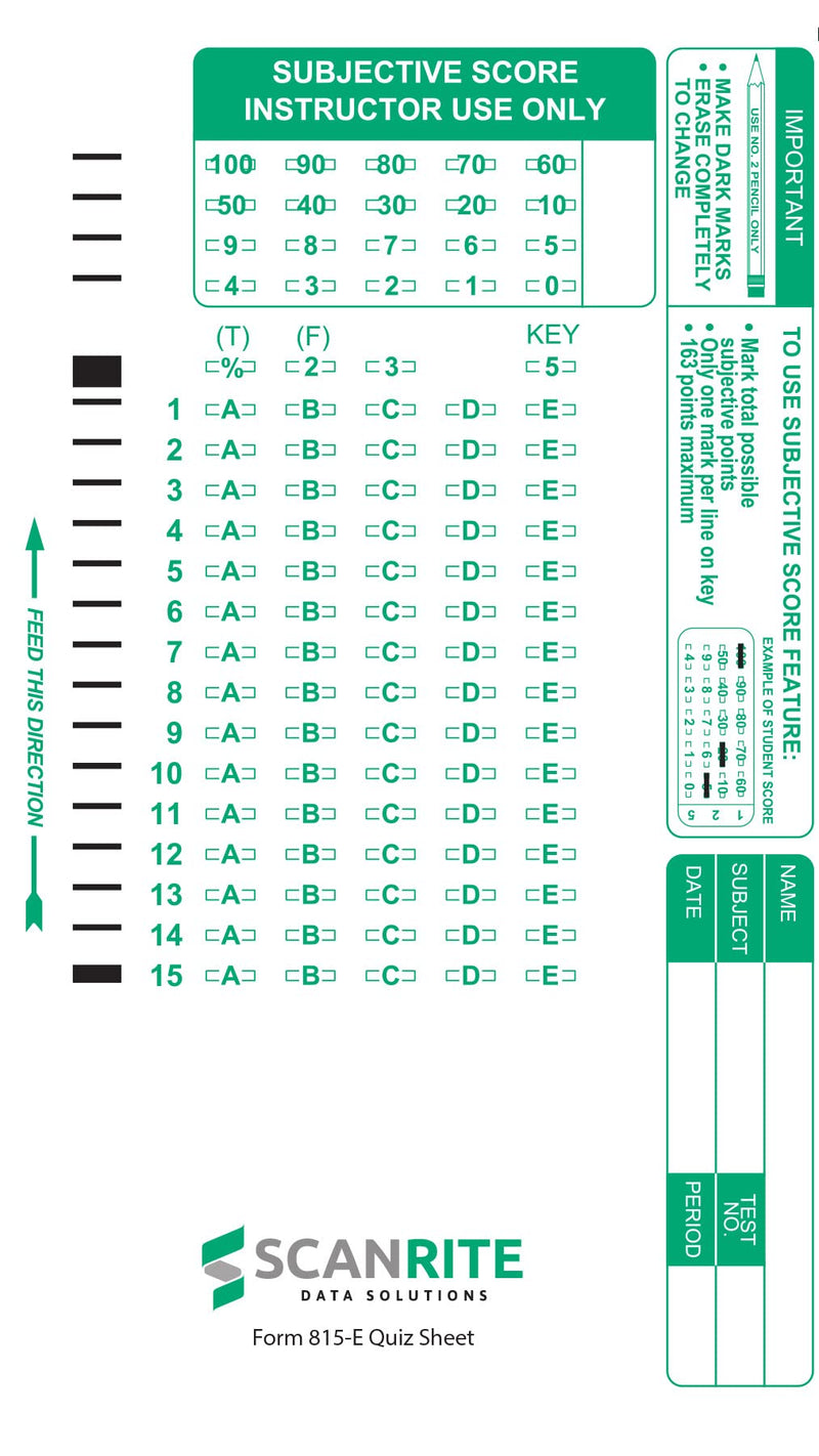 ScanRite 815-E Scantron Compatible Quiz Sheet. 15 Questions. 100