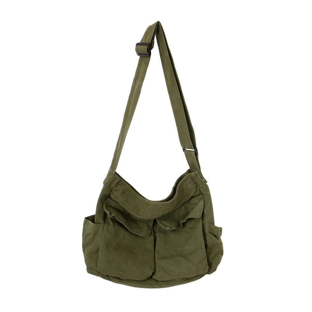Aesthetic Cute Messenger Bag for School Vintage Black Canvas Crossbody for Women Shoulder Laptop Bag Green