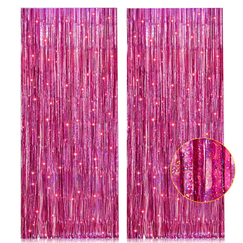 2 Pack 3.2ft x 8.2ft Pink Metallic Tinsel Foil Fringe Curtains Backdrop for Pink Party Birthday Wedding Bachelorette Baby Shower Holiday Party Decorations Photo Booth Props