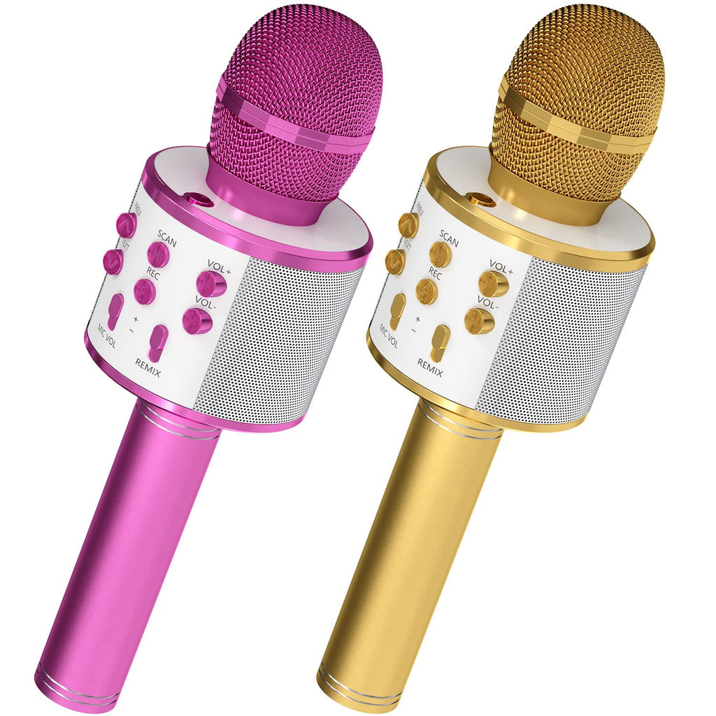 OVELLIC 2 Pack Karaoke Microphone for kids, Wireless Bluetooth Karaoke Microphone for Singing, Portable Handheld Mic Speaker Machine, Great Gifts Toys for Girls Boys Adult All Age (Purple & Glod)