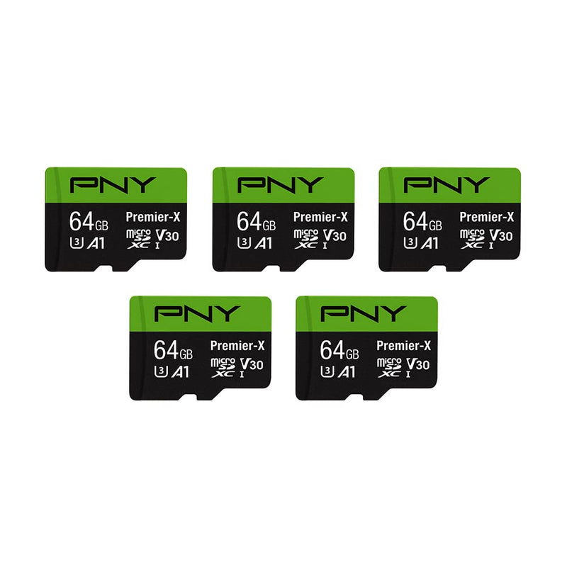 PNY 64GB Premier-X Class 10 U3 V30 microSDXC Flash Memory Card 5-Pack - 100MB/s, Class 10, U3, V30, A1, 4K UHD, Full HD, UHS-I, Micro SD FLASH CARD - 5 PACK
