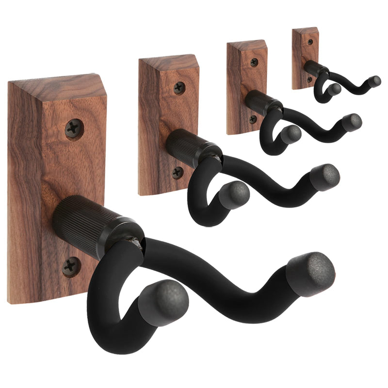 Guitar Wall Mounts 4 Pack, Hangers Hooks Bracket Holders for Acoustic and Electric Guitars, Bass Banjo Mandolin, Black Walnut Wood Base V4-Black