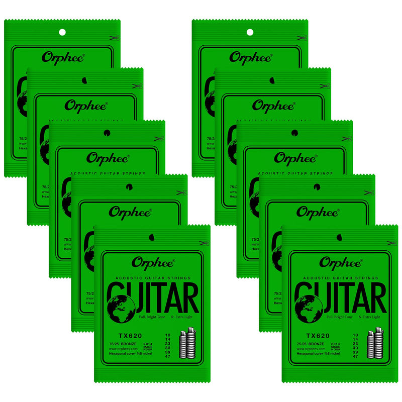 Guitar Strings, Acoustic Guitar Strings, 6 Strings Set, Hexagonal Carbon Core 75/25 Bronze, Light, 10-47, 10 Packs TX620
