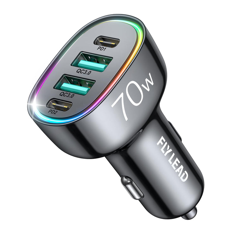 Fast Car Charger FLYLEAD 70W 4 Ports Car Charger【A Must for Family Travel】 Super Fast USB C Car Charger Adapter for iPhone 16/15 Pro Max Plus Samsung Galaxy S24 Black