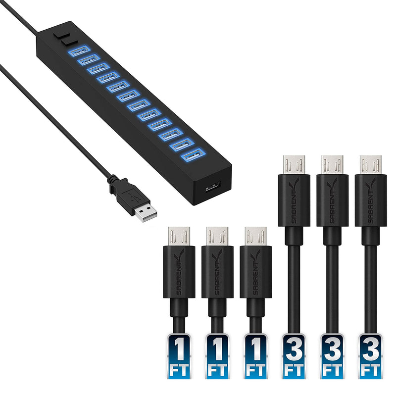 SABRENT 13 Port High Speed USB 2.0 Hub with Power Adapter with Micro USB [6-Pack, X3-3ft + X3-1ft]