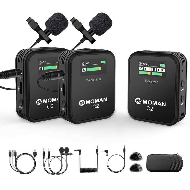 Moman Wireless Lavalier Microphone C2X, 2.4G Dual Transmitter Lapel Mic 656FT 8H for Online Class Vlog Stream YouTube for Camera Smartphone Tablet (C2X Dual) C2X Dual