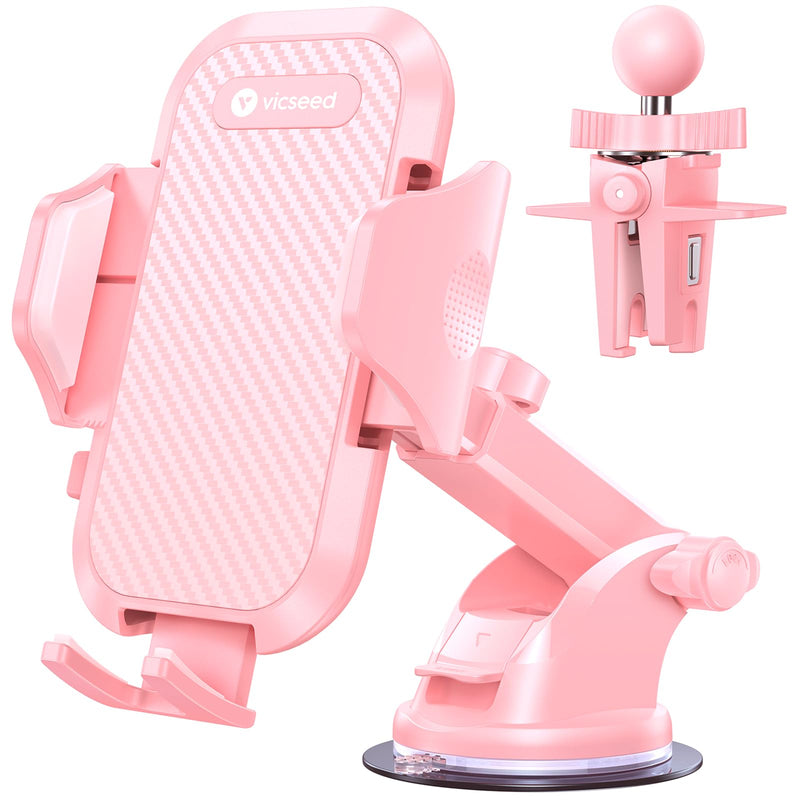 VICSEED Stable Car Phone Holder [Upgraded Strongest Suction, Won't Break] | Military-Grade Cell Phone Mount for Dash/Windshield/Vent/Truck/Boat, Universal for Big iPhone Android with Thick Cases, Pink Hot Pink