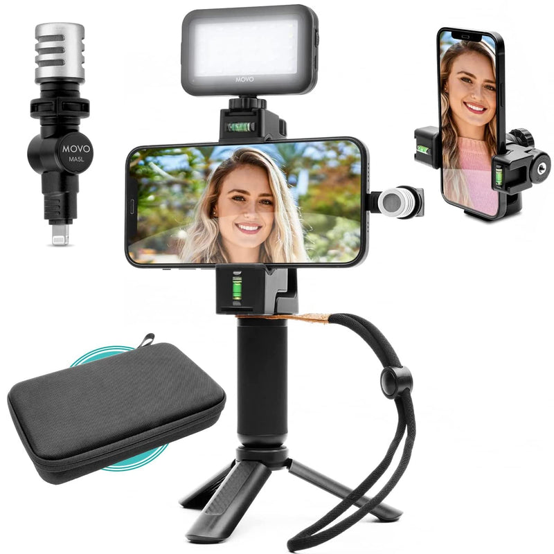 Movo iVlogSK Starter Kit for Content Creators - Smartphone Video Vlogging Kit for iPhone - includes Lightning Microphone, LED Video Light, Phone Holder, Grip, and Mini Tripod
