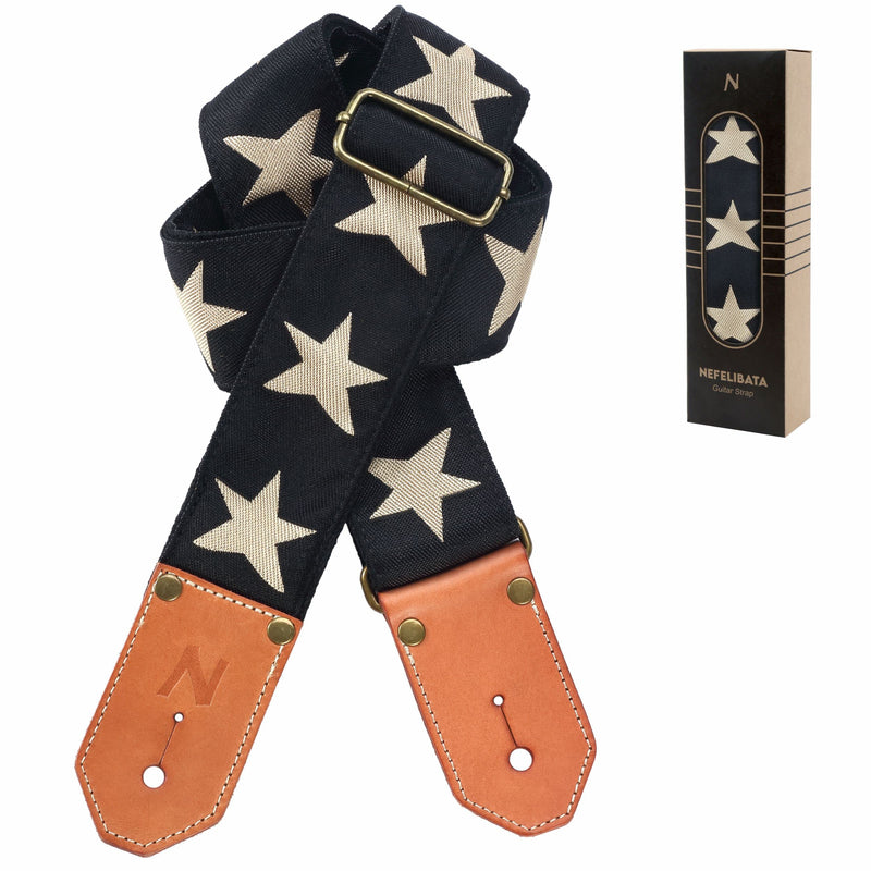 Nefelibata Cool Woven Guitar Strap -Cotton Guitar Straps with Thicked First Layer Vegetable Tanned Cowhide Leather Ends for Acoustic, Bass, Electric, Best Gift for Your Love Guitarists(Star) Star