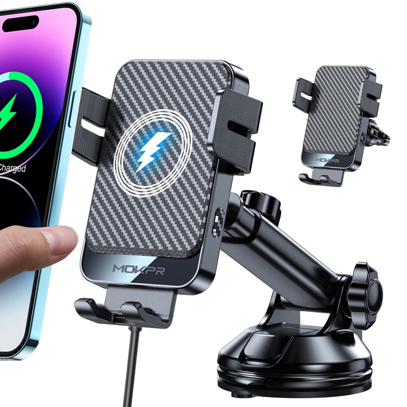 Wireless Car Charger, MOKPR 15W Fast Charging Auto-Clamping Car Mount Universal Hands-Free Car Charger Mount for Dash Windshield Air Vent Compatible with iPhone 16 15/14/13/12, Samsung S23/S22/S21,etc Grey