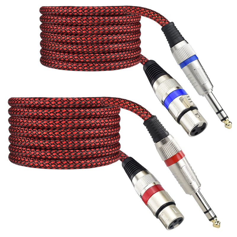 XLR Female to 1/4" TRS Cable Adapter Balanced, 15 Feet 6.35 mm Stereo Quarter Inch TRS to XLR Microphone Cable, Nylon Braided, OFC Shielded, Red Color, for Mic/Speaker/Mixer - 2Pack 15Feet, 2Pack
