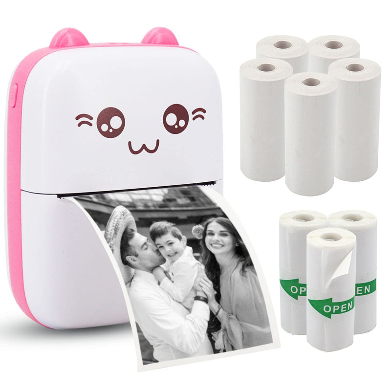 Mini Pocket Printer, Portable Thermal Printer with 8 Rolls Printing Paper, Bluetooth Wireless Tiny Printer for Photos/Stickers/Labels/Notes/Receipts, Compatible with iOS and Android, Pink