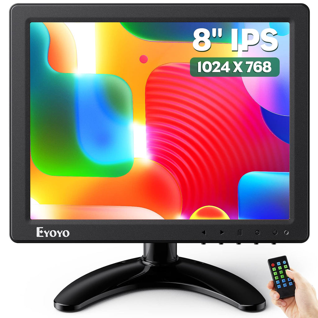 Eyoyo 8 Inch Small Monitor, 1024x768 4:3 IPS Mini HDMI Monitor Support HDMI/VGA/AV/BNC Input with Remote Control & Built-in Speakers, Security Monitor for Computer Raspi CCTV Camera 8 inch 1024x768