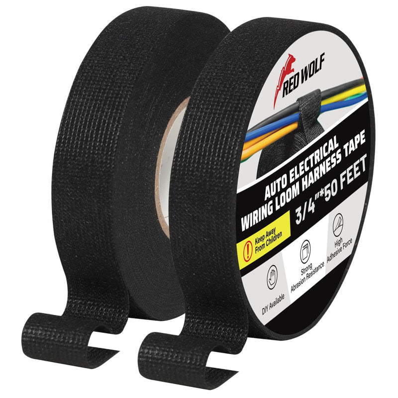 RED WOLF Wire Harness Tape Electric High Temp Wiring Cable Loom Adhesive Fabric Tape for Automobile Electrical Harness Wrap Noise Damping Protection Insulation Cable Fixed 3/4 Inch x 50 FT 2 Pack 2P-3/4" x 50 FT
