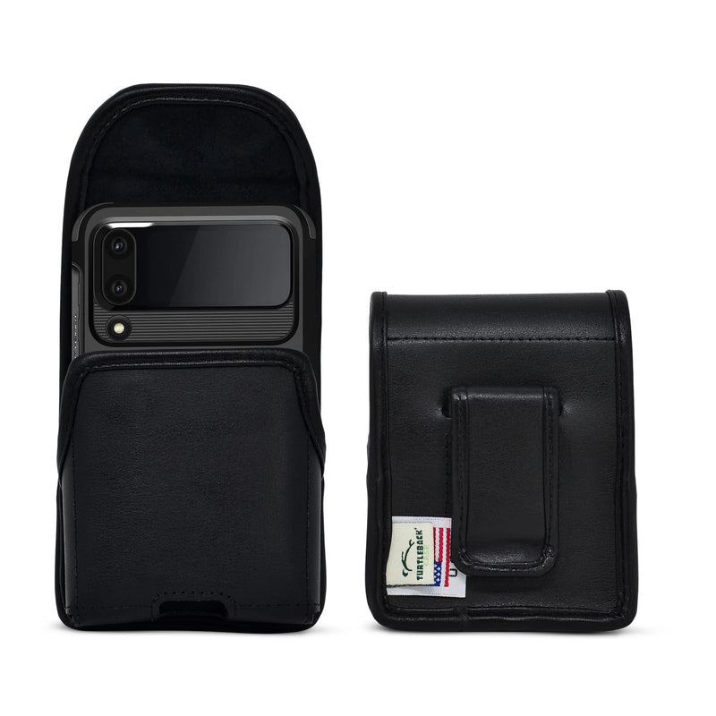 Turtleback Holster Designed for Galaxy Z Flip6 Flip 5 and 4 with Bulky Fit Case, Vertical Belt Case Black Leather Pouch with Executive Belt Clip, Black Leather Ver / Fix Clip Thick Fit