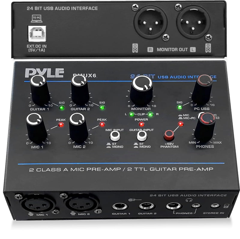 Pyle Professional USB Audio Interface with MIC, Guitar, AUX Stereo Inputs, Phone/Monitor Outputs, Ideal for Computer Playing & Recording, Compact Rugged Metal Housing - PMUX6 Interface Basic