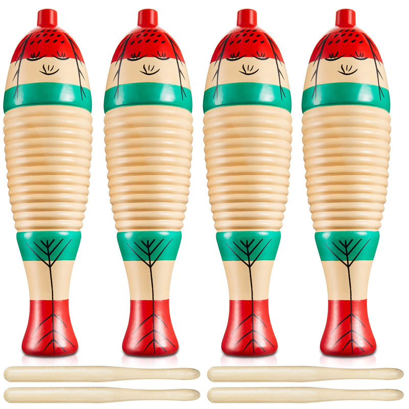 [AUSTRALIA] - 4 Pcs Christmas Fish Shaped Guiro Instrument 8.3 Inch Wood Latin Percussion Musical Instrument Colorful with Rhythm Sticks for Adults Xmas Gifts 