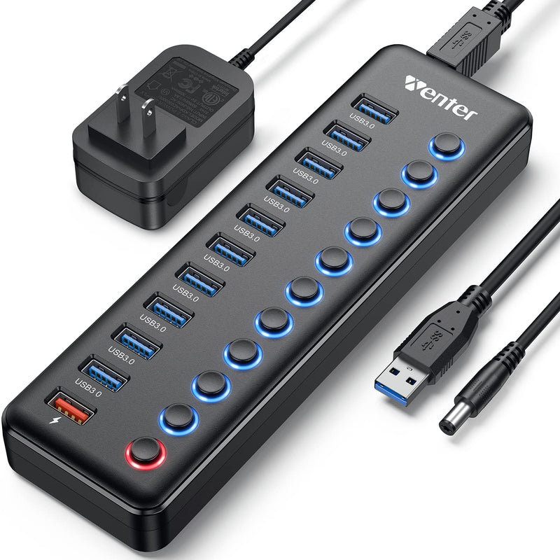 Powered USB Hub, Wenter 11-Port USB Splitter Hub (10 Faster Data Transfer Ports+ 1 Smart Charging Port) with Individual LED On/Off Switches, USB Hub 3.0 Powered with Power Adapter for Mac, PC 10 USB 3.0 ports + 1 Charging port