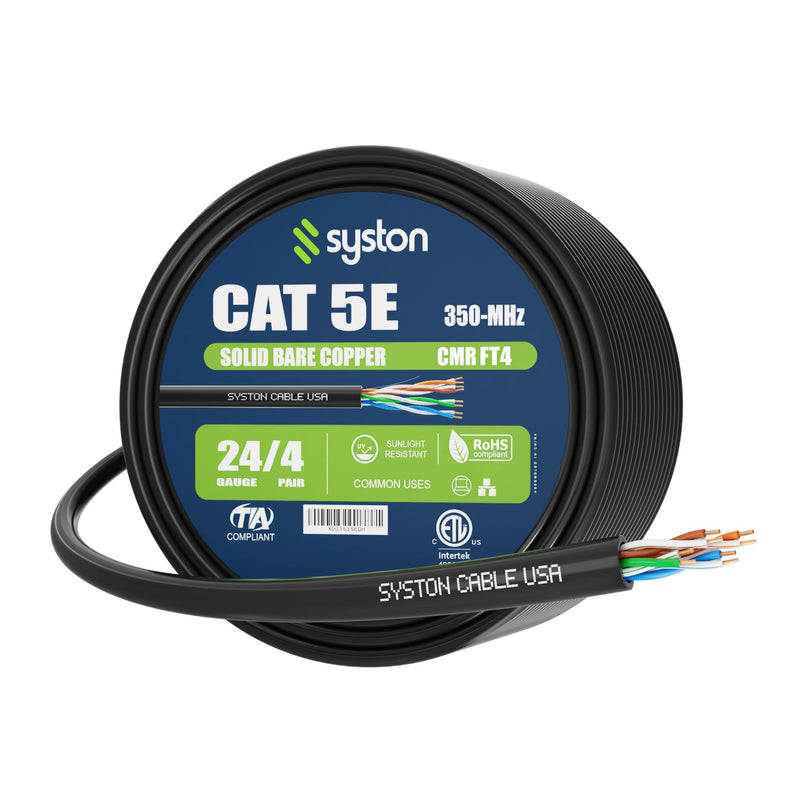 Syston Cable Technology Cat 5e Ethernet Network Cable - 250 FT，350MHz 24AWG Solid Bare Copper Wire Outdoor/Indoor, Bulk No Ends 10 Ft to 1000 Ft Available, Heat Resistant Riser Rated - CMR Black