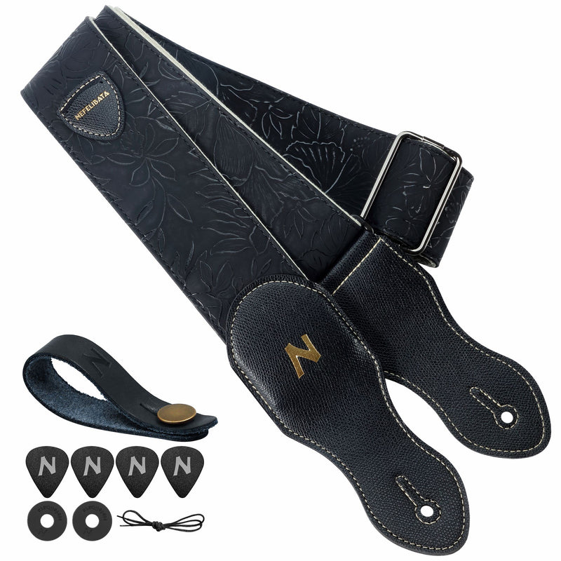 Nefelibata Guitar Strap with Pick Pocket,2.3 inch Porter Style Leather Carving Guitar Straps,60s Vintage Style?Black? E# - Black