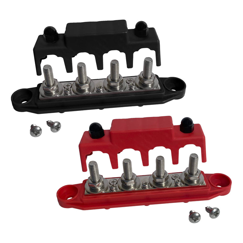 5/16" 4 Post Power Distribution Block Bus Bar Pair with Cover M8-250 Amp Rating – Marine Bus Bar, Automotive, and Solar Wiring – Battery Terminal Distribution Block (5/16", Red + Black) 5/16"