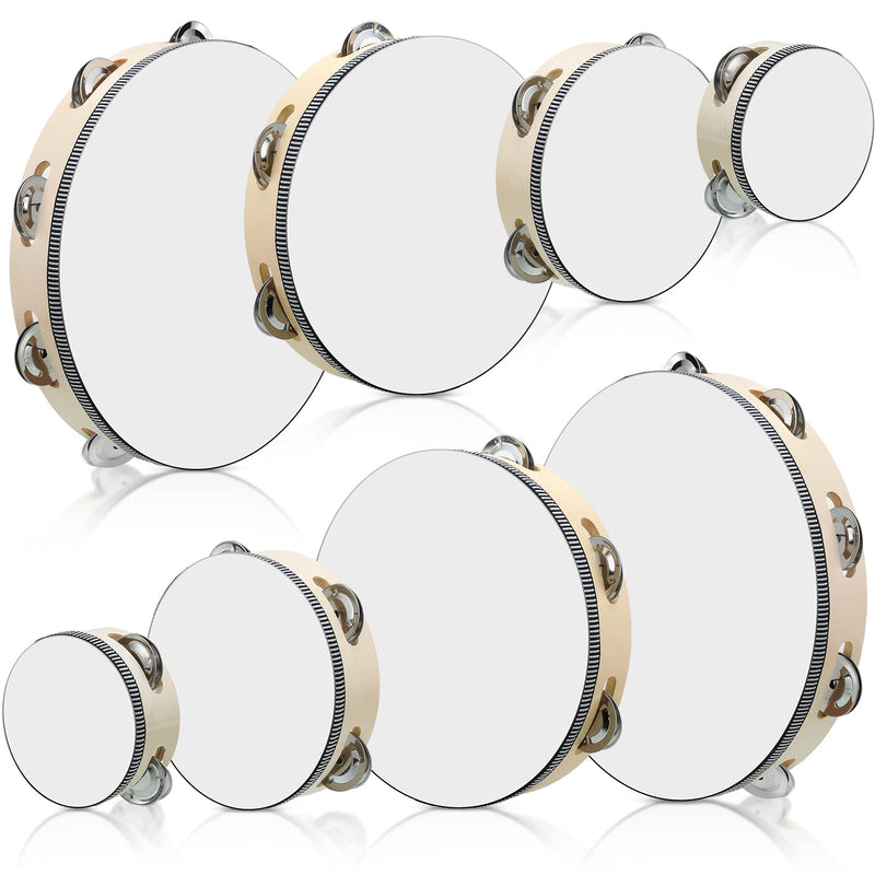 Reginary 8 Pcs Tambourine for Adults Handheld Wood Tambourine 4 Size Single Row Metal Jingles Musical Educational Gift Rhythm Percussion Instrument for Church Party Ktv(Natural) Natural