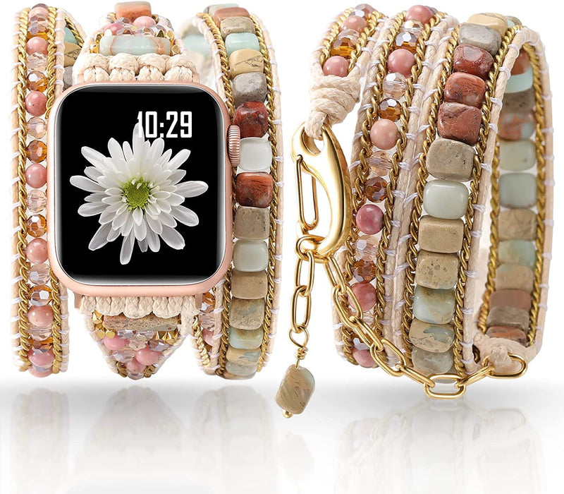 Handmade Boho Watch Band Compatible with Apple Watch 49MM 45MM 44MM 42MM 41MM 40MM 38MM Beaded Wrap Bracelet for iWatch Ultra, Series SE/9/8/7/6/5/4/3/2/1, Fancy Strap for Women (5.5"-6.3")-41/40/38MM/(42MM-Series 10) Jasper