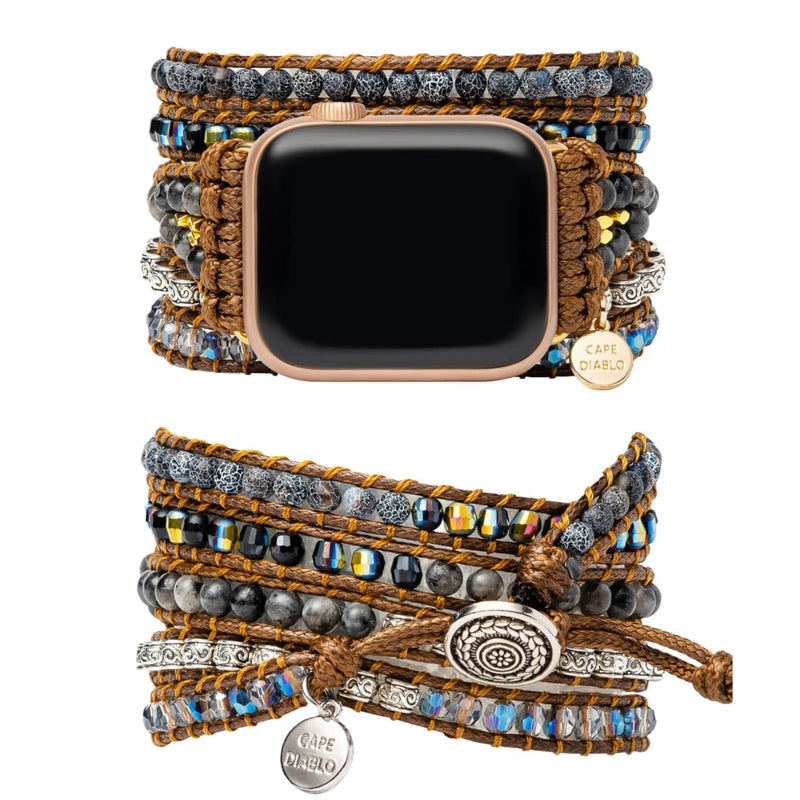 Cape Diablo Onyx Moonlight Smart Watch Strap - Genuine Energy Crystal Band - Boho, Black & Gold Beaded, Adjustable, Healing Chakra Stone Watch Bracelet - Apple Models 4, 5, 6, 7, 8, 9, SE - 38-45mm