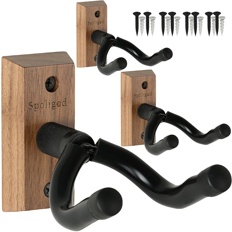 Guitar Wall Mount Hanger 3 Pack, Guitar Hanger,Black Walnut Guitar Hook Holder Stand for Acoustic Electric Bass Guitar Ukulele Mandolin at Home, Studio