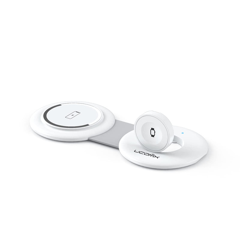 UCOMX Nano Mini Magnetic 2 in 1 Wireless Charger,Traveler Wireless Folding Charging Station,Compatible for iPhone 12/13/14/15 Pro Max,AirPods Pro,iWatch Ultra,Travel Charger for Multple Devices White