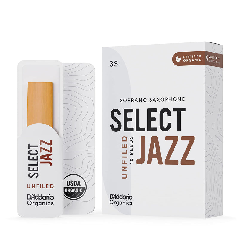D’Addario Woodwinds - Organic Select Jazz Soprano Saxophone Reeds - Soprano Sax Reeds - Individually Sealed - Unfiled, Soft, Strength 3, 10-Pack 3 Soft