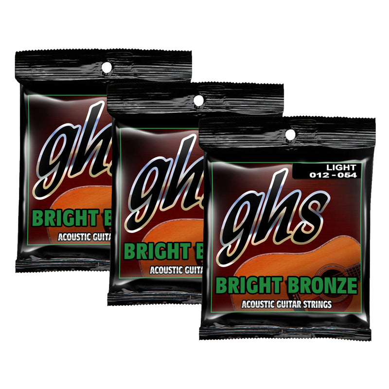 GHS Strings - Bright Bronze Acoustic Guitar Strings – Light Gauge 12-54 (BB30L Set) - 80/20 Bronze Copper-Zinc Alloy, Bright Tone, Extra Clarity, Long-Lasting Guitar Strings – Pack of 3 Light (12-54)