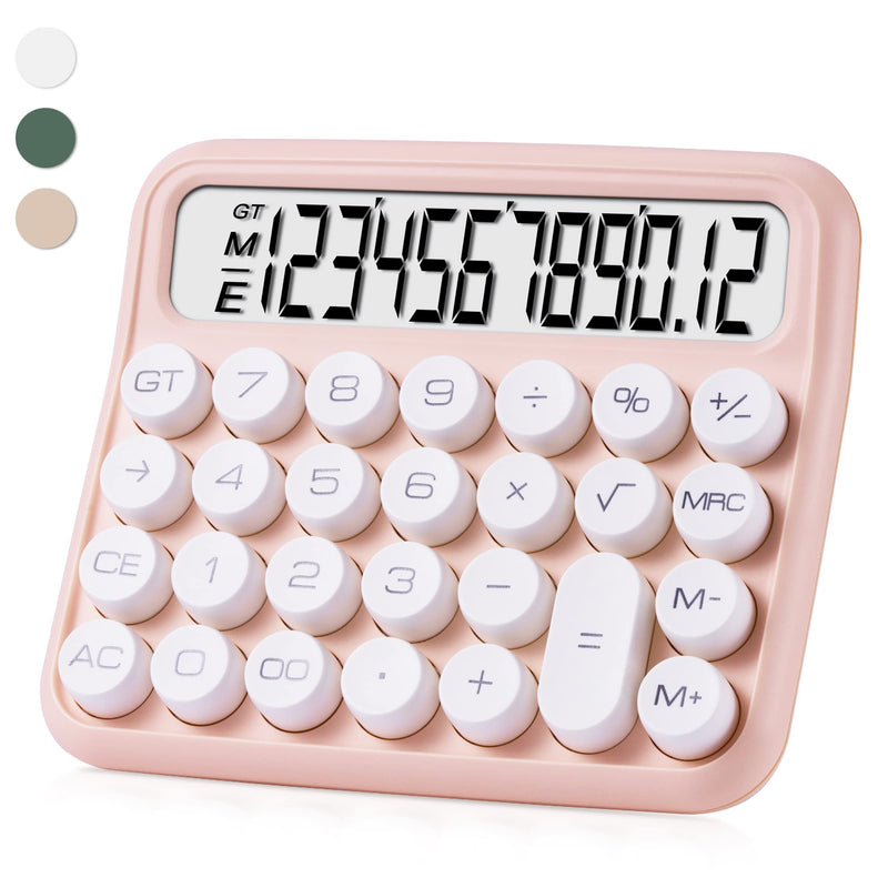 Mechanical Switch Calculator, Pink Calculator Cute 12 Digit Large LCD Display Big Button Calculator Clear Standard for Daily and Basic Office,Automatic Sleep,with Battery